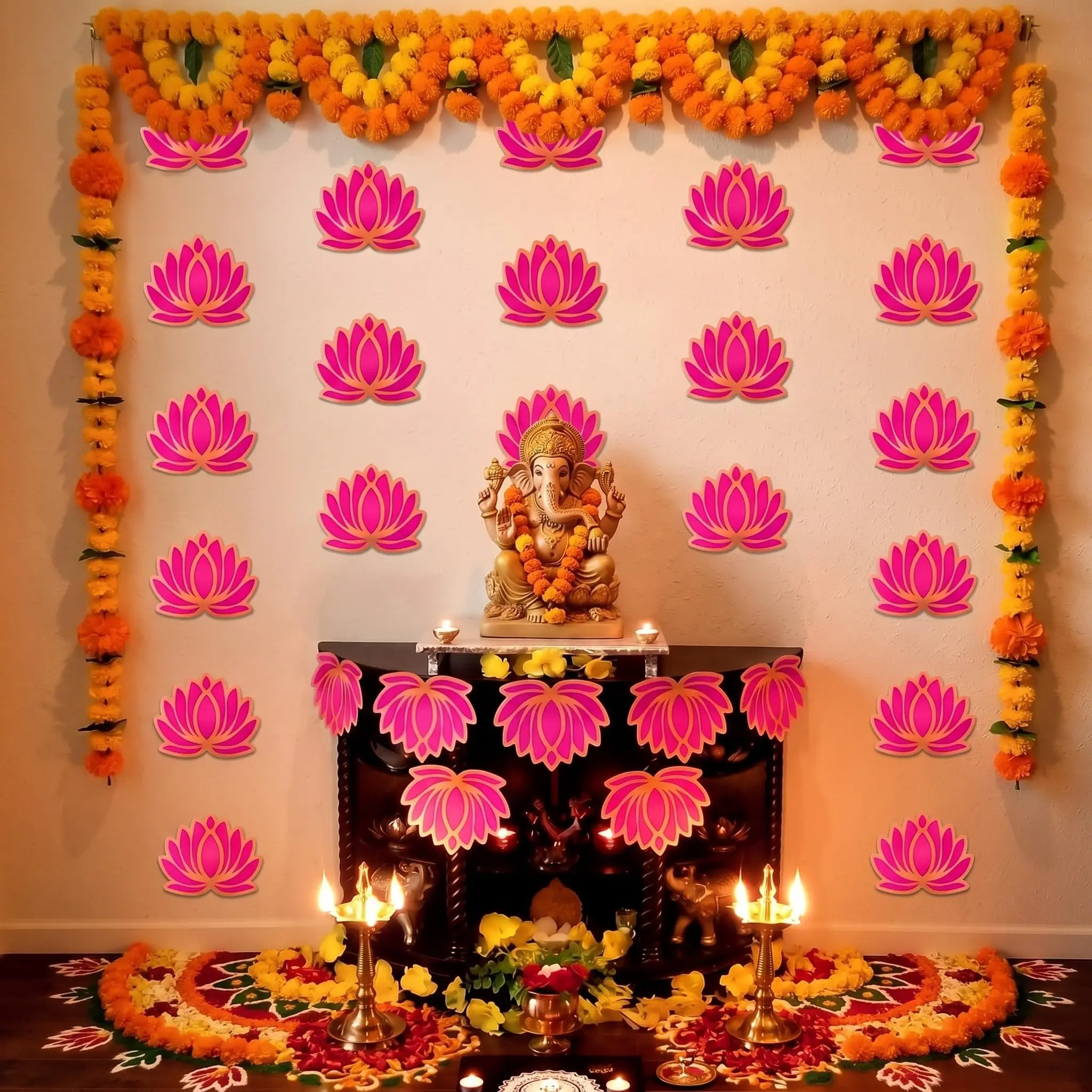 Rosa-goldene Lotus-Papierdekoration für die Wand, Diwali-Hindu-Puja-Hintergrund-Ornament, Dekorationszubehör für indische Festivals und Partys – Detail 3