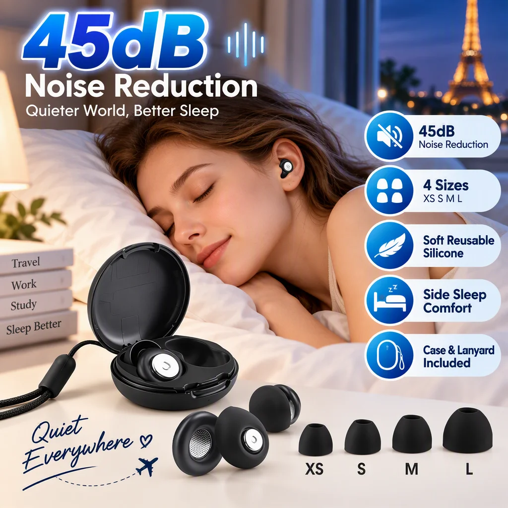 45dB Noise Cancelling Sleep Earplugs Reusable Silicone Soft Ear Plugs with 4 Sizes Tips Case for Snoring Travel Work Study