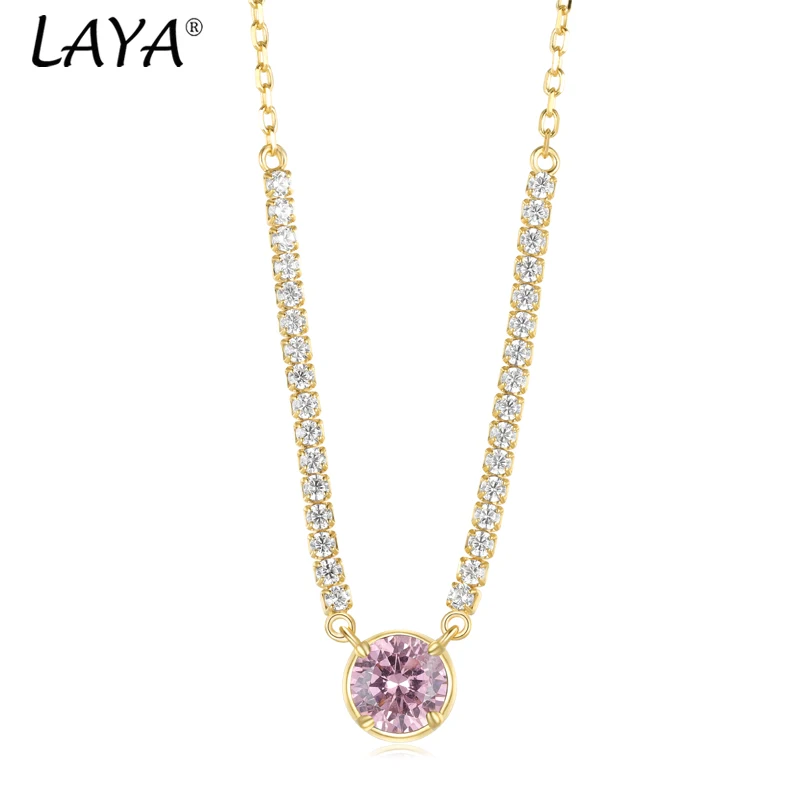 Laya 100% 925 Sterling Silver Round Colored Zircon Women's Necklace Gold Transparent Zircon Pink Pendant  Luxury Wedding Gift