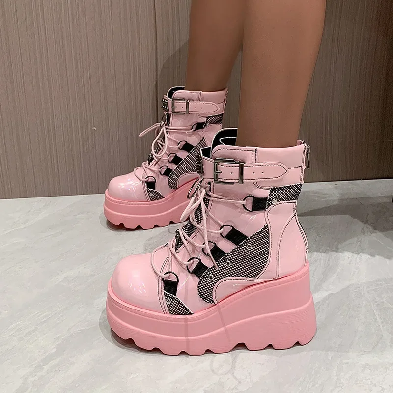 2024 New Design Women Punk Gothic Motorcycle Boots Platform Chunky High Heel Ankle Boot Ladies Cool Wedge Black Female Shoes