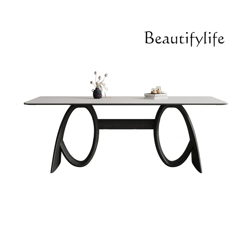 

Wabi Sand wind solid wood dining table modern simple rectangular high-end Italian Nordic ash wood rock slab dining table chairs
