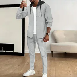 2025 new men's casual Waffle Green hooded long-sleeved cardigan coat two all-in-one solid color pantsuits