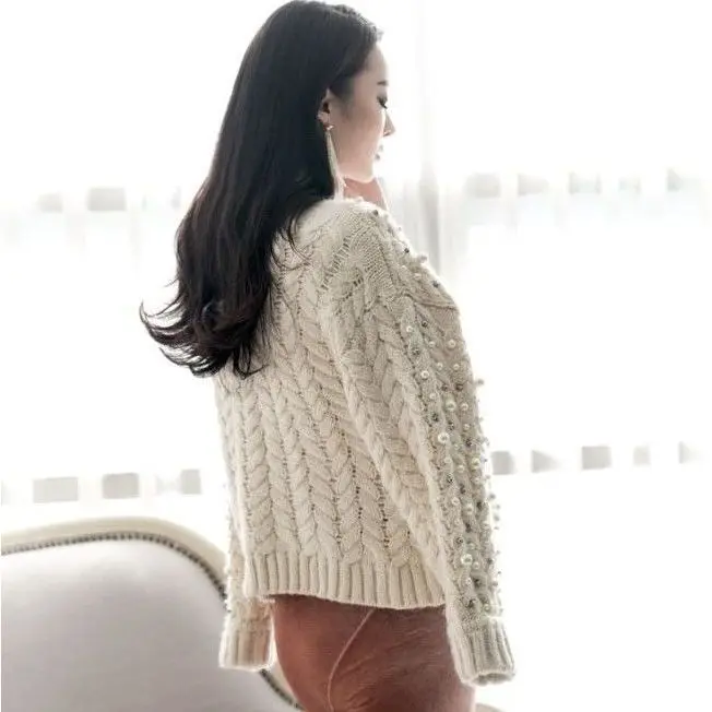 Good Quality Pearl Beading Sweater Cardigan Coat Handmade Diamonds Thick Coat Long Sleeve Autumn Winter Women Clothing