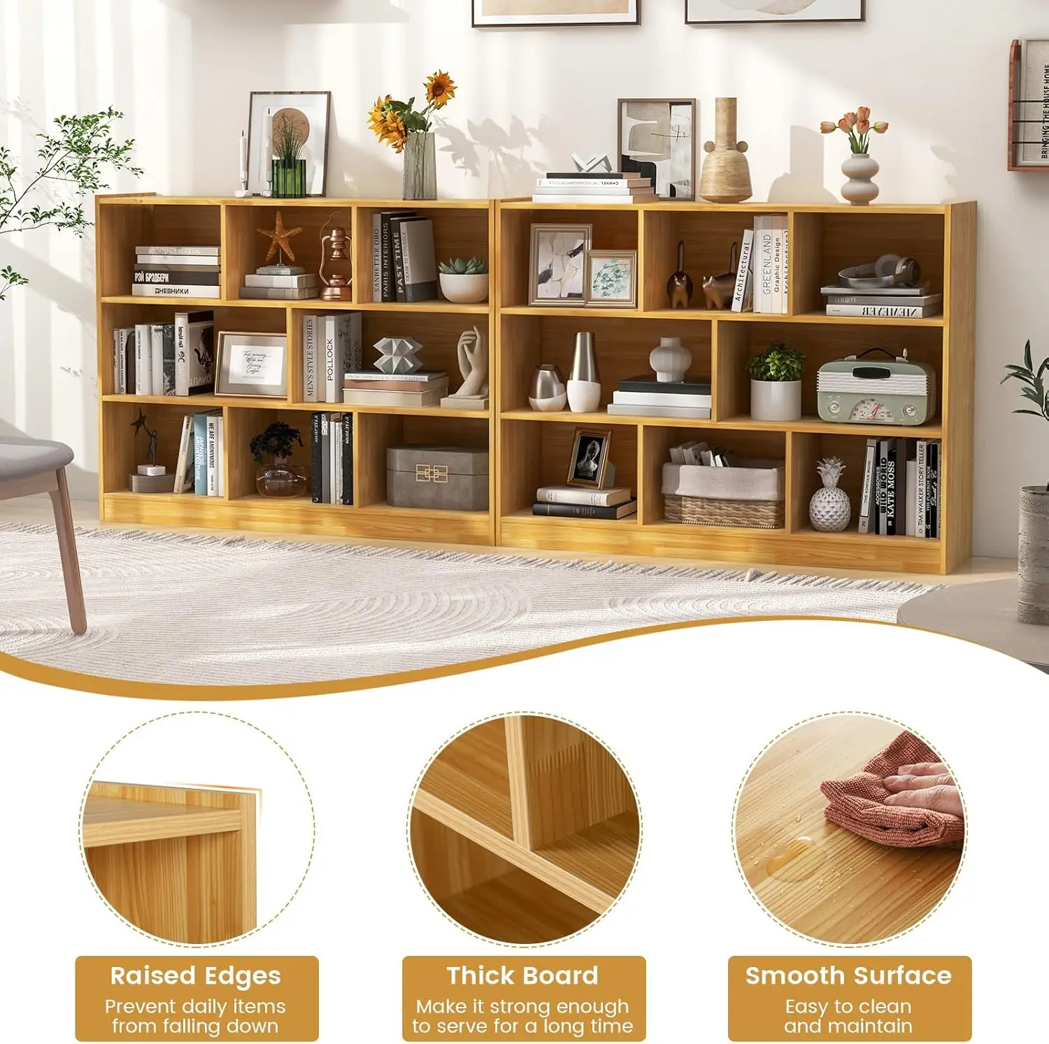 Estantería de 8 cubos, estantería abierta de 3 niveles, organizador de almacenamiento de madera moderno para sala de estar, habitación de niños