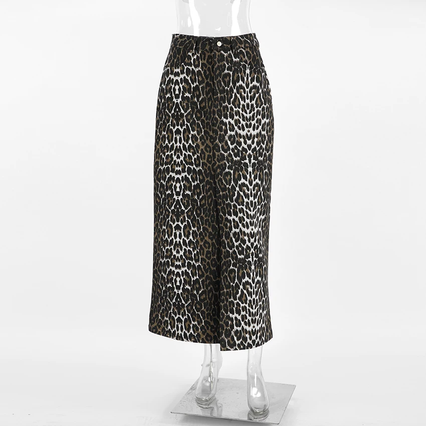 Женская леопардовая юбка средней длины, винтажная юбка макси с принтом, уличная одежда с высокой талией и разрезом, сексуальная женская прямая Длинная юбка, 2024