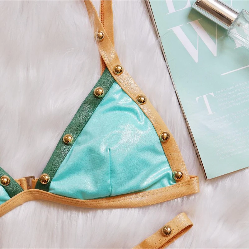 Biquíni com contas de retalhos sexy alças ajustáveis maiô feminino de duas peças