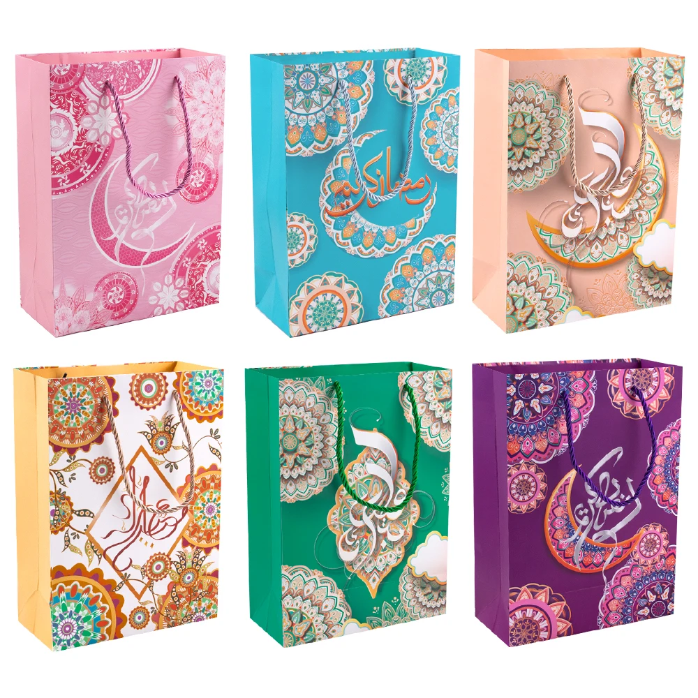 6pcs Ramadan Mubarak Paper Gift Bags Assorted Sizes Favors Bags with Handles Ramadan Bags for Gifts Wrapping Ramadan Kareem