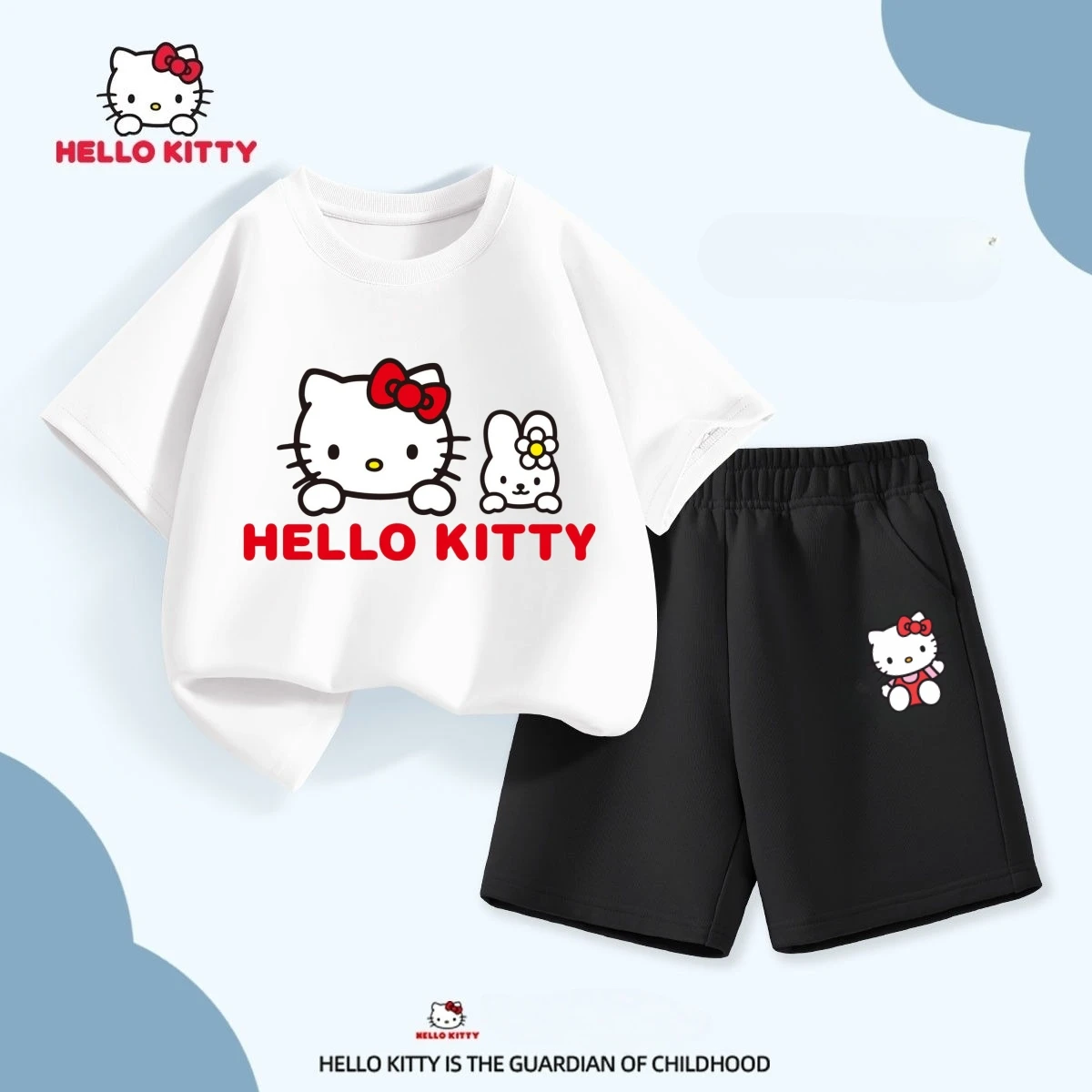 

Sanrio, летний комплект хлопковой одежды для маленьких девочек, детские футболки с принтом «Hello Kitty», топ и шорты, костюм, детская одежда с короткими рукавами