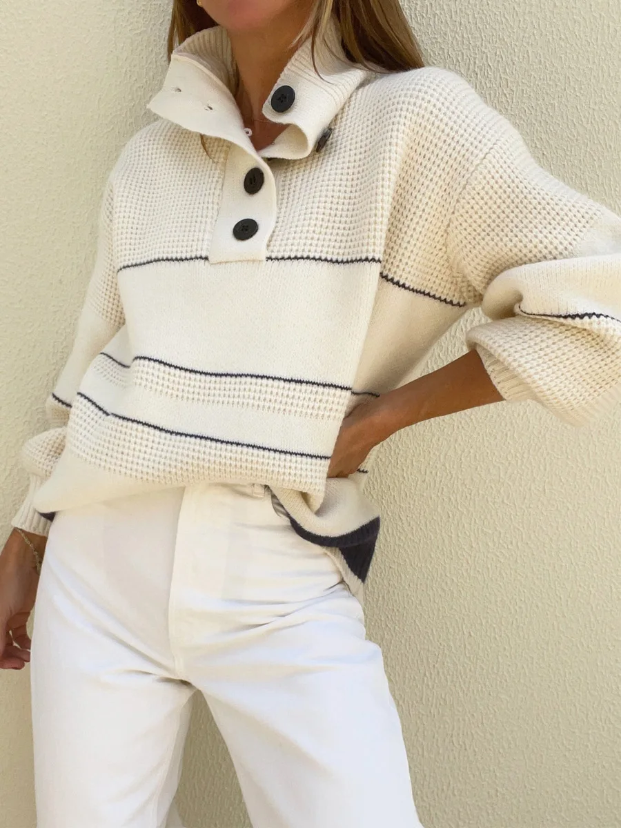 Women's Solid Color Long Sleeved Sweater with Loose Striped High Neck Button Knit Sweater for Autumn 2024