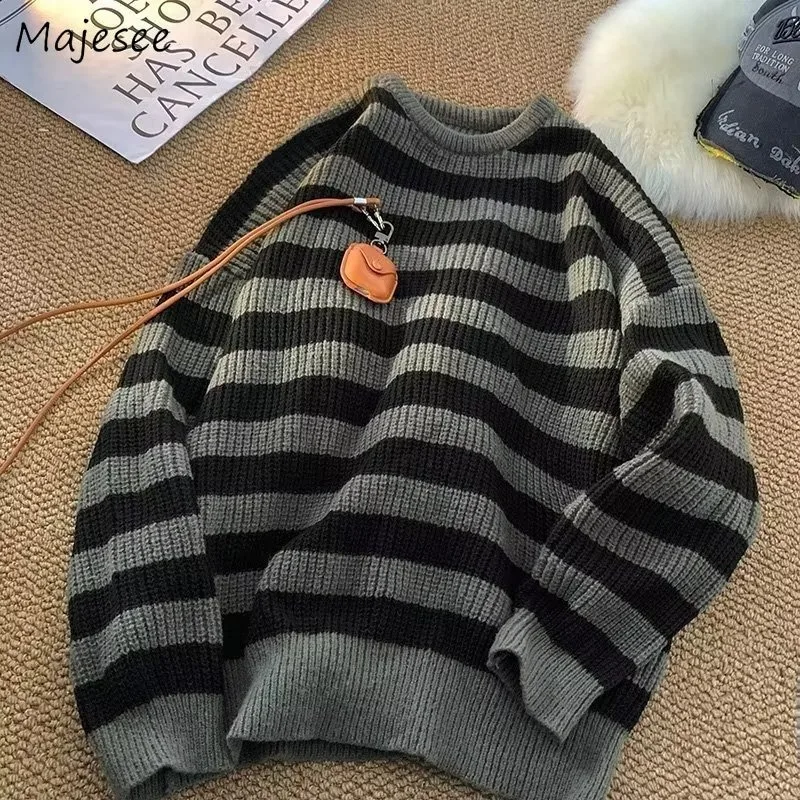 Men Striped Pullovers Fall Winter Loose Fluffy Male Long Sleeve Knitted Sweaters Casual Tops O-neck Keep Warm Couples Vintage