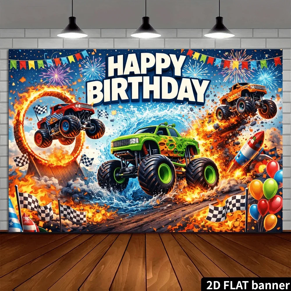 2D-Flachbild-Monstertruck-Geburtstagsparty-Hintergrundtuch. Offroad-Stunt-Thema mit drei farbenfrohen, großen Fahrzeugen. – Detail 4