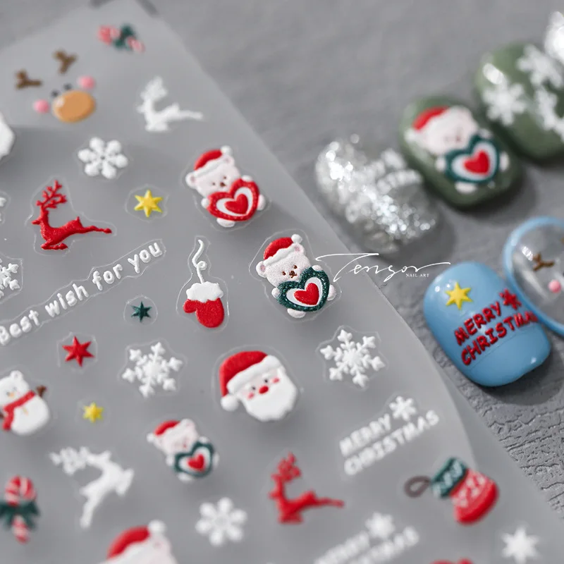 Calcomanías adhesivas para manicura, calcomanías de Arte de uñas, copos de nieve, ciervo blanco rojo, Papá Noel, relieve 5D, Preface Feliz Navidad