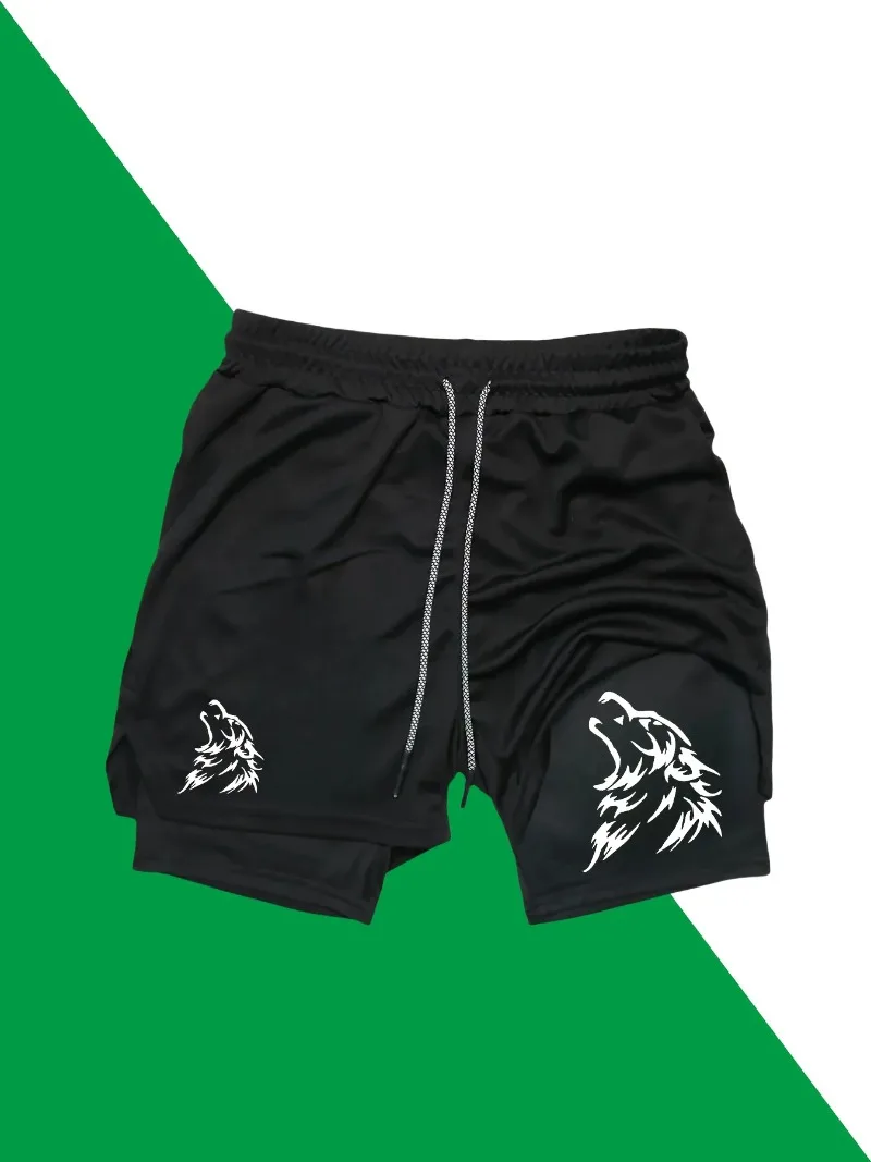 2 في 1 شورت رياضي كاجوال شامل للياقة البدنية سريع الجفاف وجيد التهوية برباط الخصر خفيف الوزن من البوليستر للجري