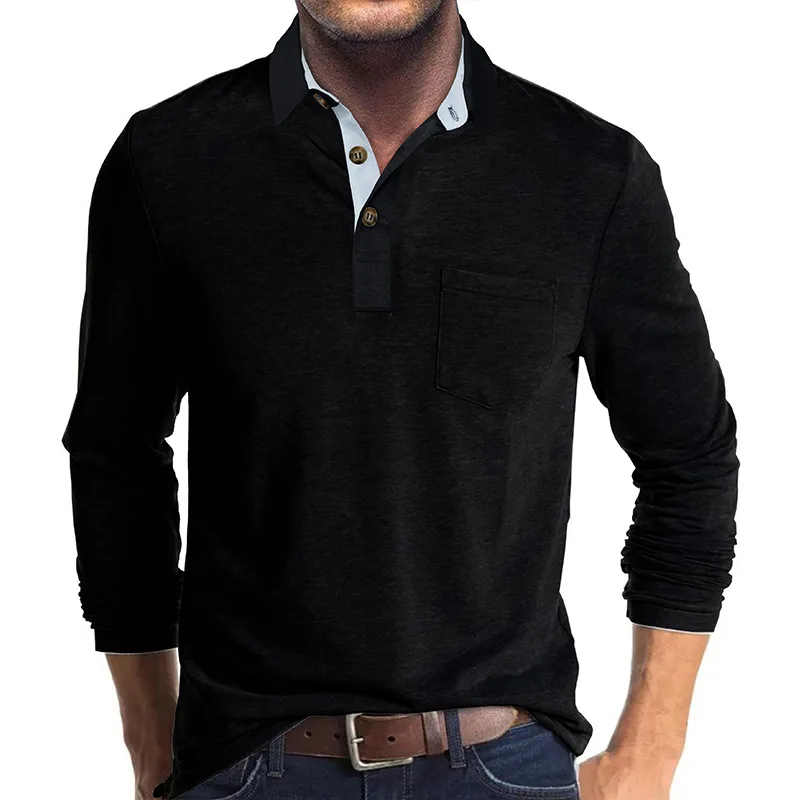 Frühling Trend männer Langarm Casual T-shirt Solide Revers Button Up Pullover Tops Herbst Drehen Unten Kragen Bodenbildung Polo-Shirt – Detail 19