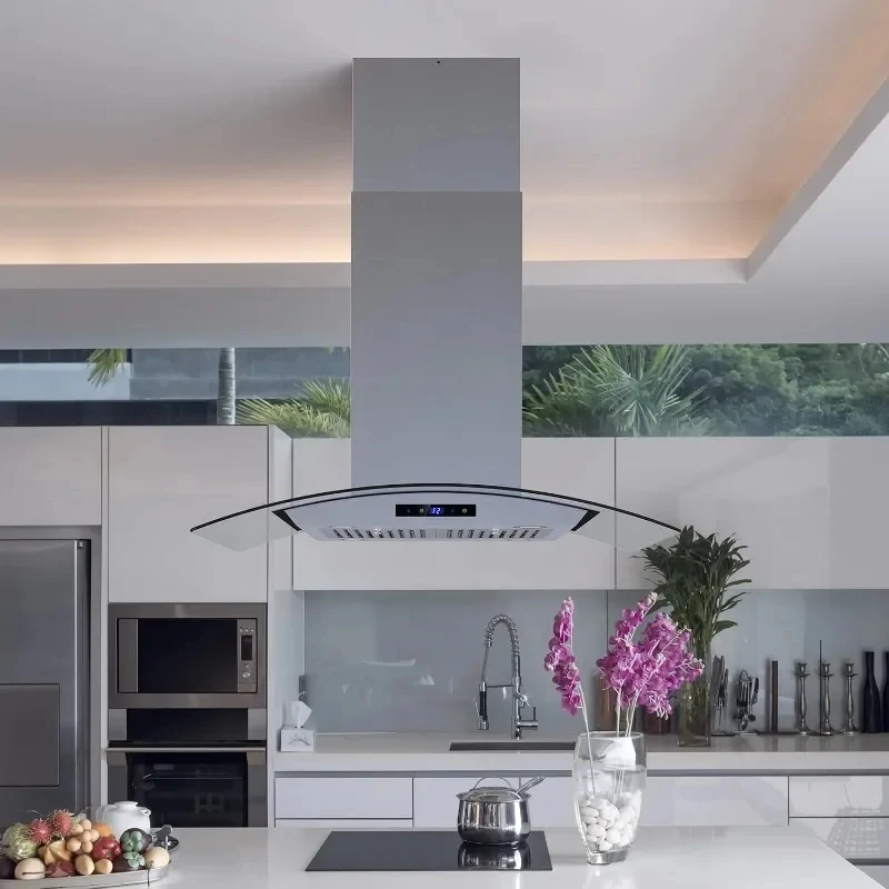 Island Range Kitchen Vent Hood with Tempered Glass,Touch Control,Permanent Filter,Charcoal Filter,Stainless Steel,Ceiling Mount
