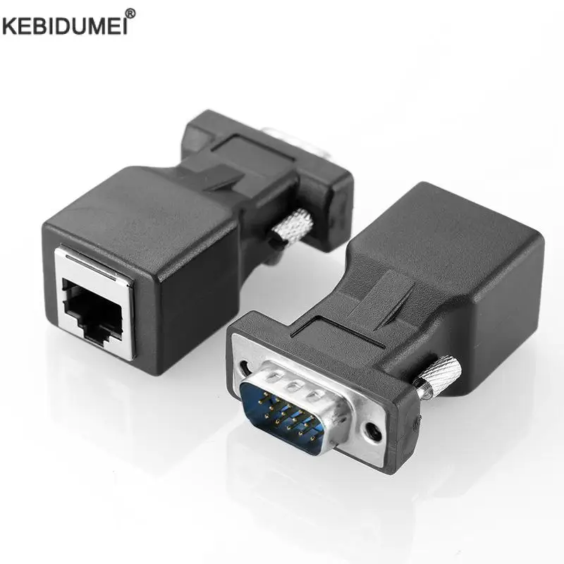 VGA Extender Male to LAN CAT5 CAT6 RJ45 Network Ethernet Cable to VGA Female to Male Adapter for PC Laptop Computer Projector