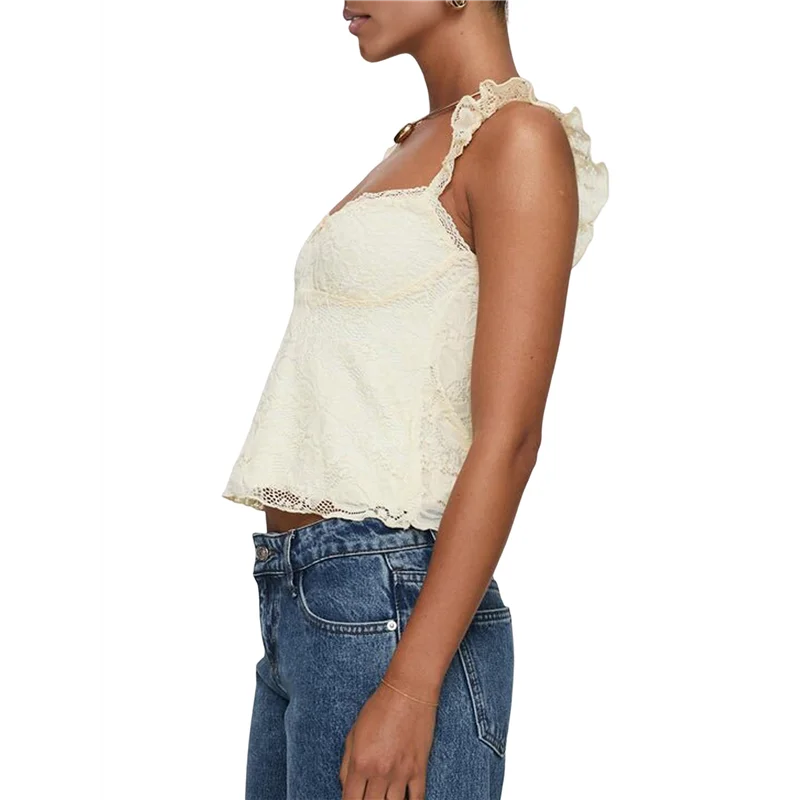 Women Lace Babydoll Tank Top Cap Sleeve See Throught Y2k Summer Going Out Crop Tops