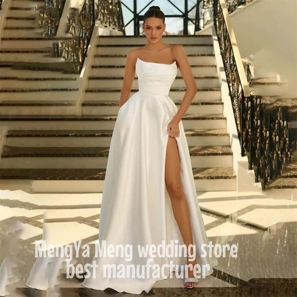 

ZHUISHU Simple Green Evening Dress for Party Satin Sleeveles Pleat Prom Gowns High Split Scoop A-Line Celebrity Dress Customized