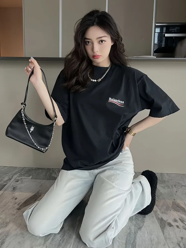 

Plus Size Paris Tide Brand Style B Classic Cola Wave Family Printing Pure Cotton Heavy Women's Short-sleeved T-shirt Women's