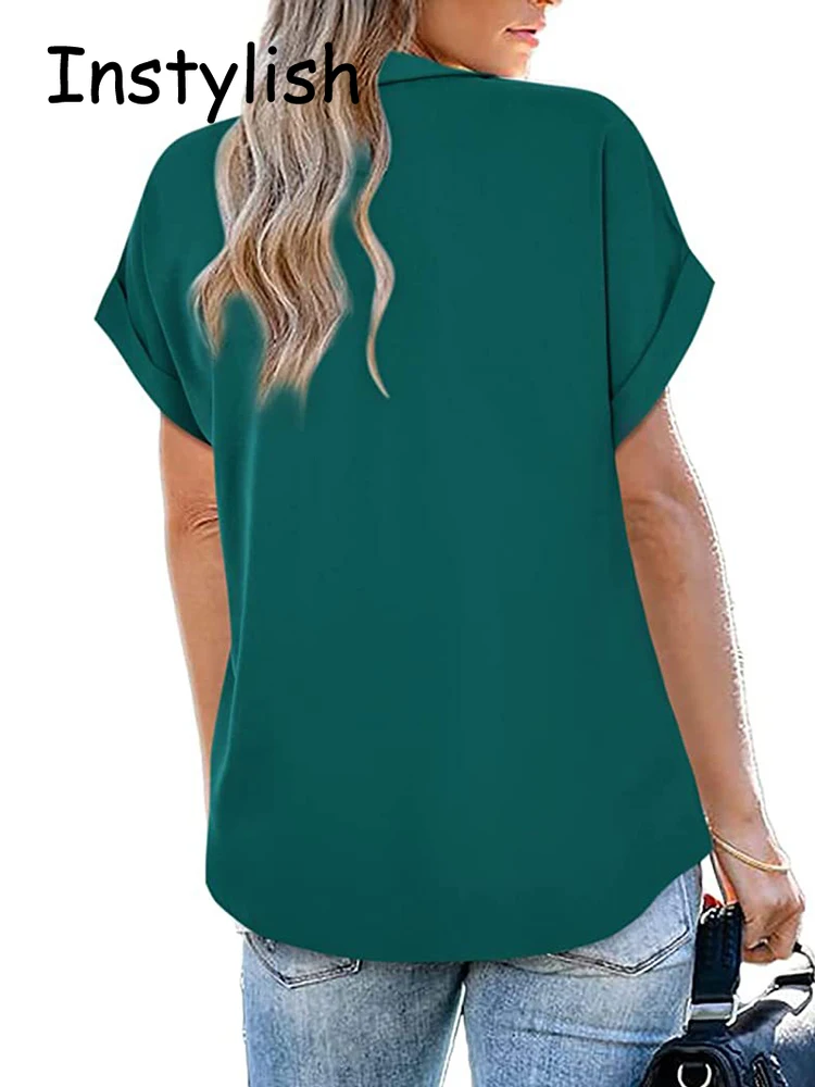 Blusa de manga curta feminina com gola V, camisa solta, blusa monocromática, blusa túnica, elegante, chique, moda coreana, escritório, verão