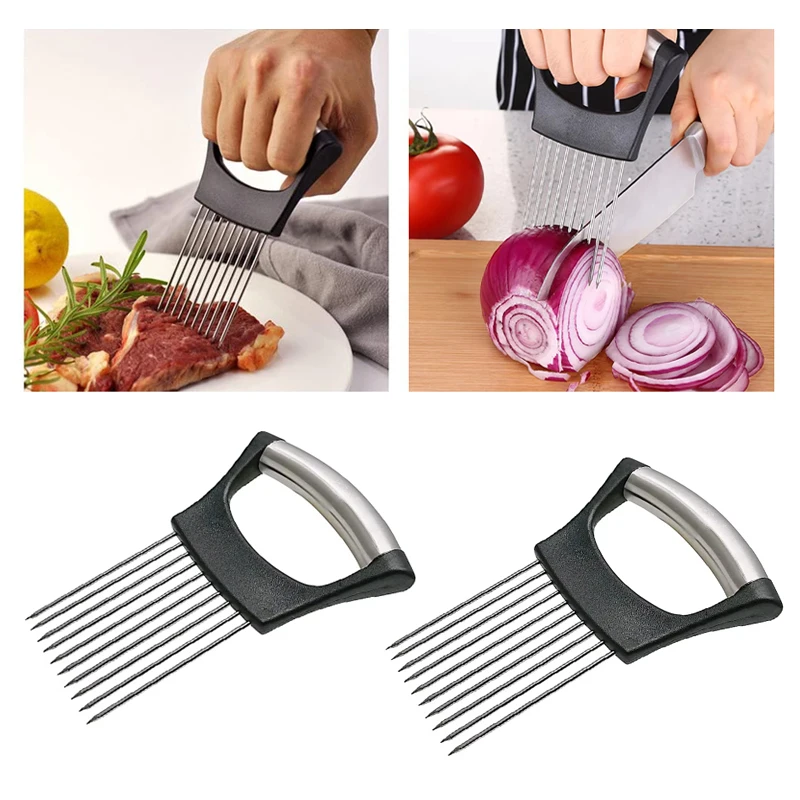 

1pc Stainless Steel Onion Slicer Holder, Multipurpose Meat Tenderizers, Vegetable Potato Tomato Lemon Cutting Tool, Full Grip Ha