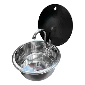 RV Circular Sink with Lid Kitchen Folding Flip Cover Single Slot 304 Stainless Steel Circular Sink Yacht Stainless Steel Sink