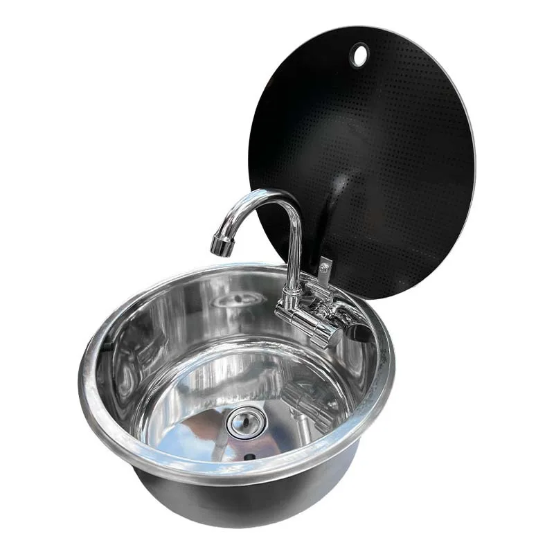 RV Circular Sink with Lid Kitchen Folding Flip Cover Single Slot 304 Stainless Steel Circular Sink Yacht Stainless Steel Sink