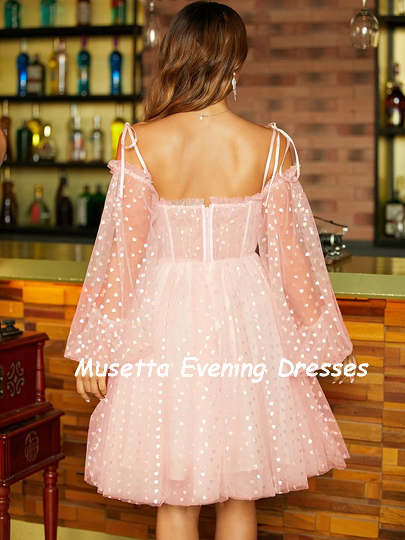 Musetta Princess Ruffles Boat Neck Pink Evening Dress Long Puff Sleeve Tulle Backless Knee-Length Homecoming Dresses Customized