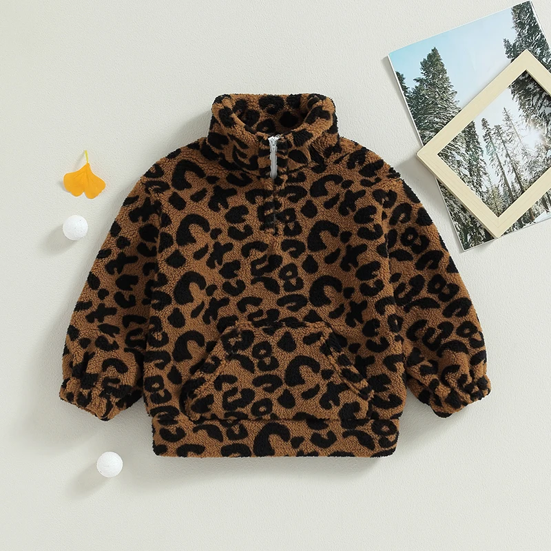 Winter Sweatshirt for Kids Girls Fuzzy Stand Collar Zipper Long Sleeve Leopard Print Tops Soft Warm Hoodie Children Outwear