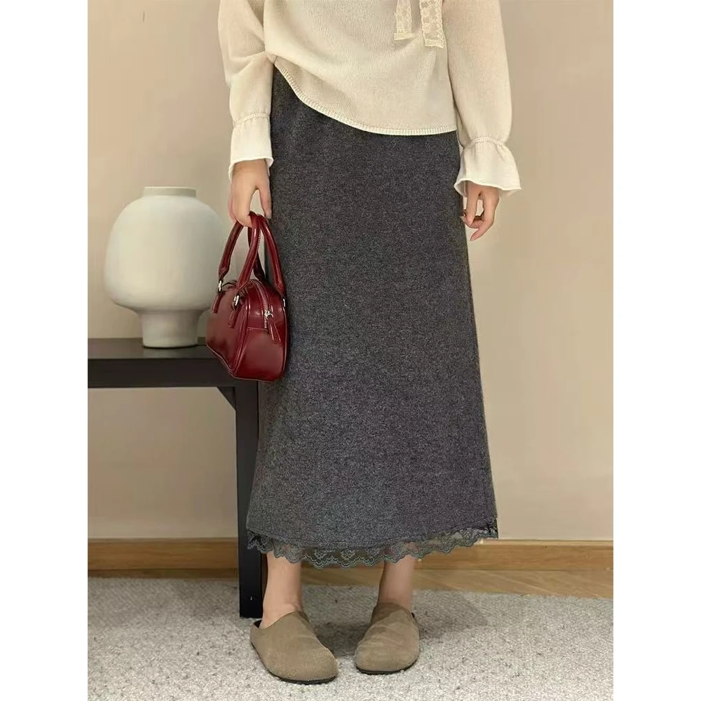 

Корейская трикотажная юбка с запахом, осень-зима, кружевная отделка по подолу, прямой крой, юбка средней длины, облегающая силуэт трапециевидной формы