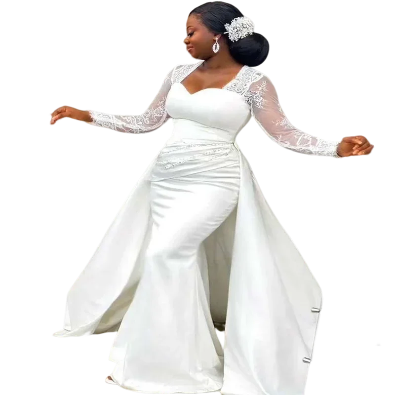 

Customized Charming Square Neck Satin Mermaid Wedding Dress With Detachable Train Illusion Long Sleeve Country Beach Bridal Gown