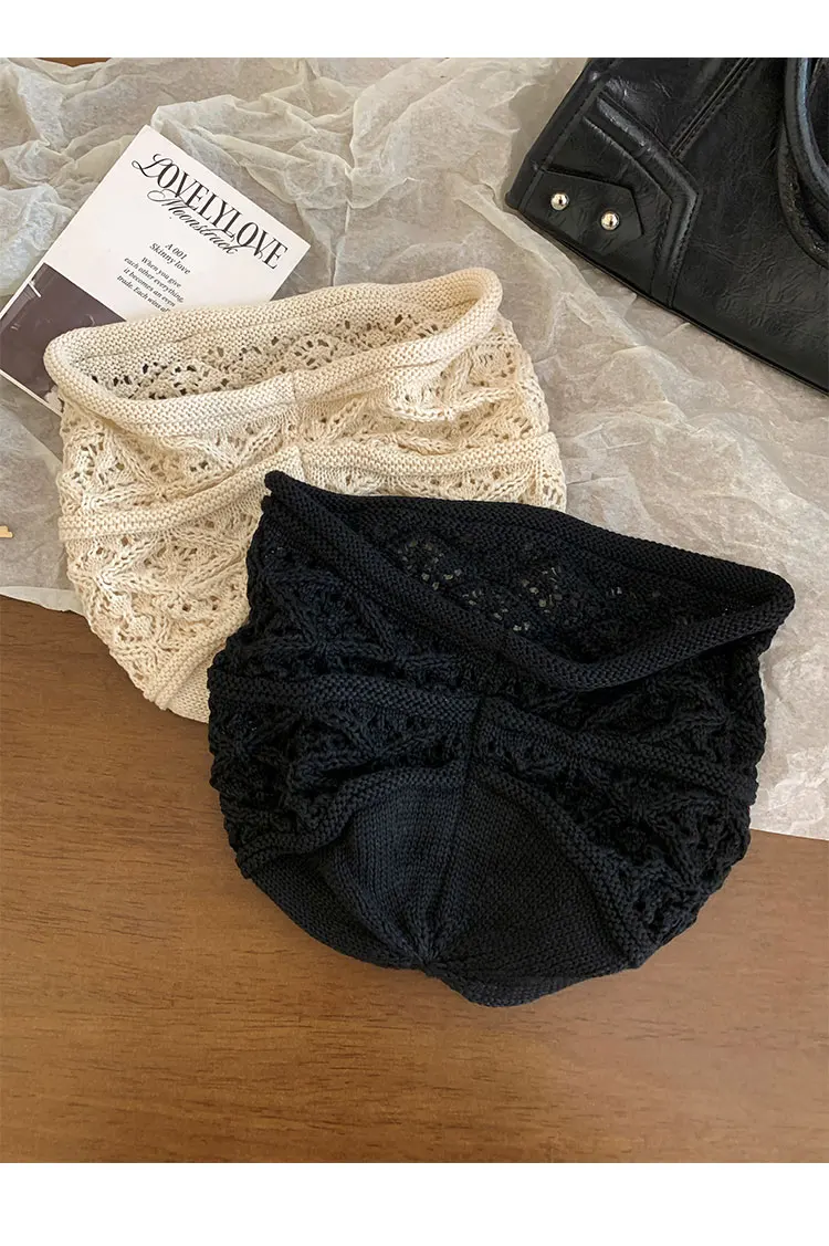 Damen-Strickmützen mit Hohlmuster und Rollrand, dünn, atmungsaktiv, lässige Skullcap im japanischen Stil, einfarbig, vielseitige Kopfbedeckung. – Detail 12