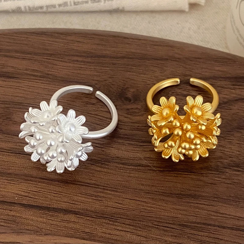

PONYKISS 925 Sterling Silver 18K Gold Matte Flower Opening Rings for Women Vintage Plant Fine Jewelry Light Luxury Accessories