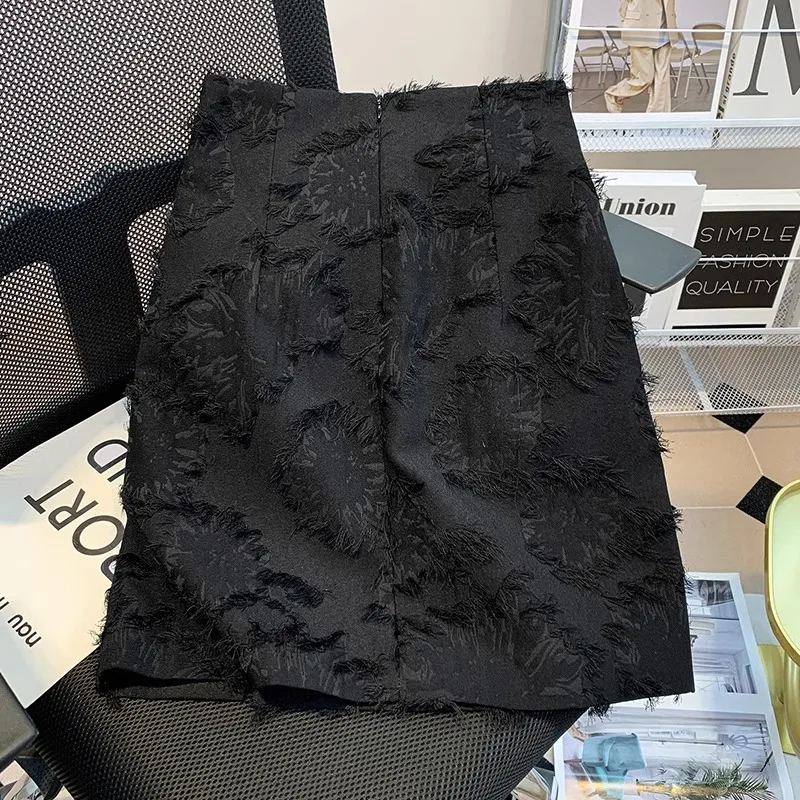 Split Three-dimensional Jacquard Fringe A-line Short Skirts Club Harajuku Faldas Mujer Moda 2024 Vintage Black Jupe Y2k Chic