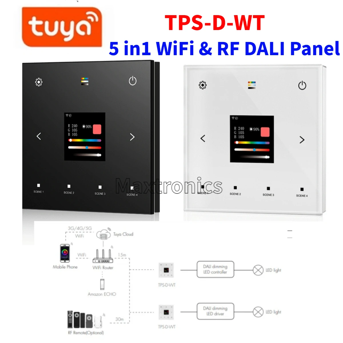 Dalí 5 in1 wifi&rf zeď montuje dotek panel TPS-D-WT tuya app ovládání AC100-240V pro po jednom barva CCT RGB RGBW RGB+CCT LED lehký