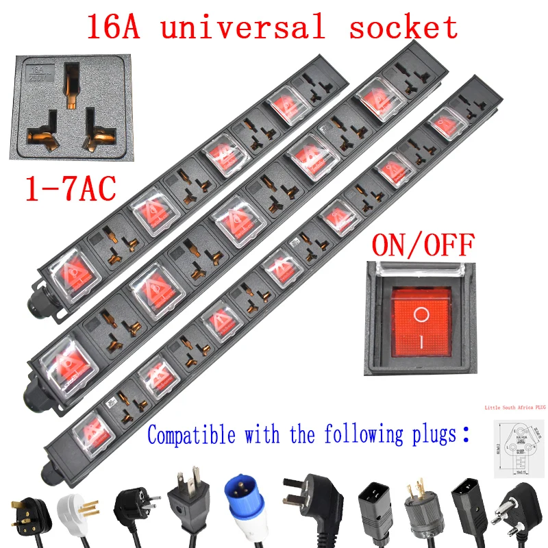 

PDU 1U network cabinet rack mounted power board distribution 16A universal socket disconnect switch 2m wire 1-7AC socket