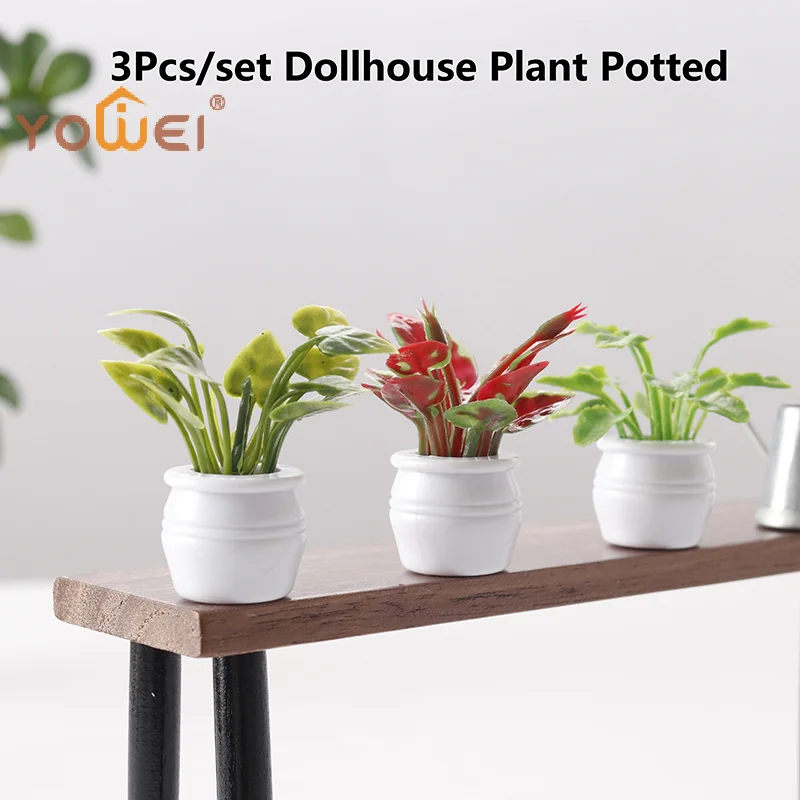 1:12 Dollhouse Miniature Potted Plant Set, 3 Pieces, Perfect for Micro Landscape and Home Decor