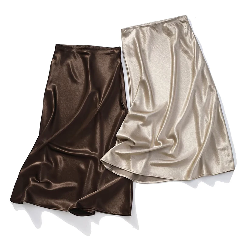 YENKYE New 2026 Women's Solid Elegant Office Satin Midi Skirt High Waist Flowy A-Line Skirts