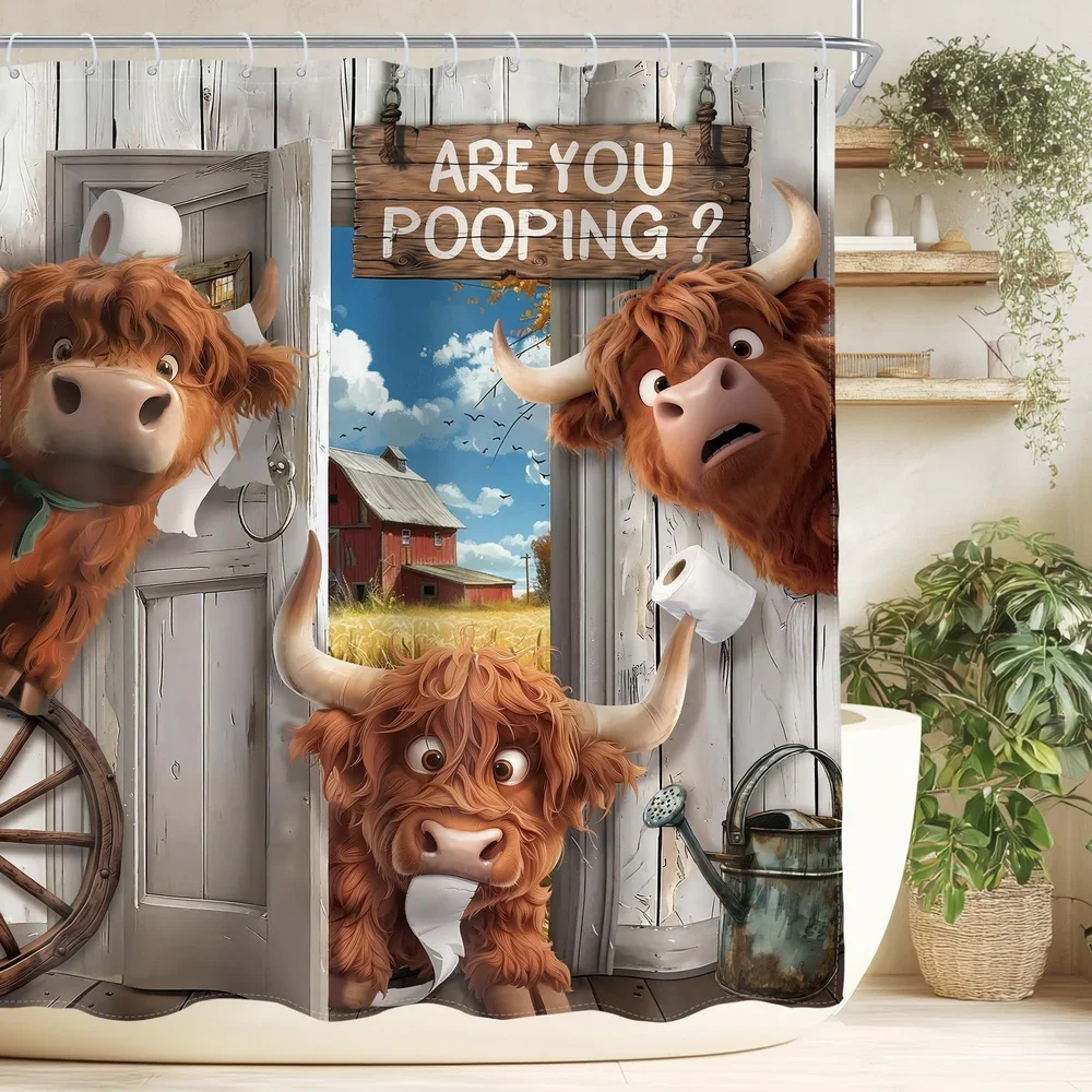 Cartoon Highland Cow Shower Curtain, Funny Cute Art Cow Print Rustic Country Farmhouse Blue Floral Bathroom Decor, Waterproof