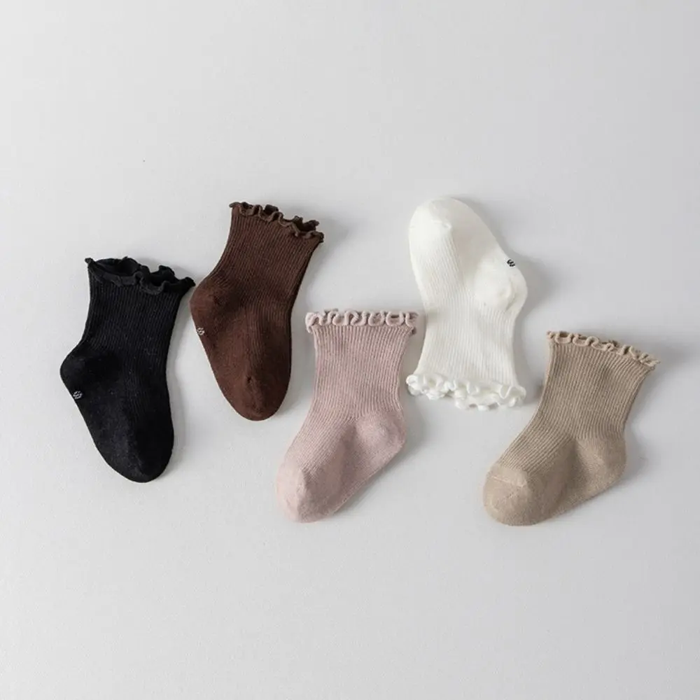 

5Pairs Solid Color Ruffle Baby Cotton Socks Breathable Cute Toddle Short Tube Socks Mid-calf Autumn Spring Newborn Socks Newborn