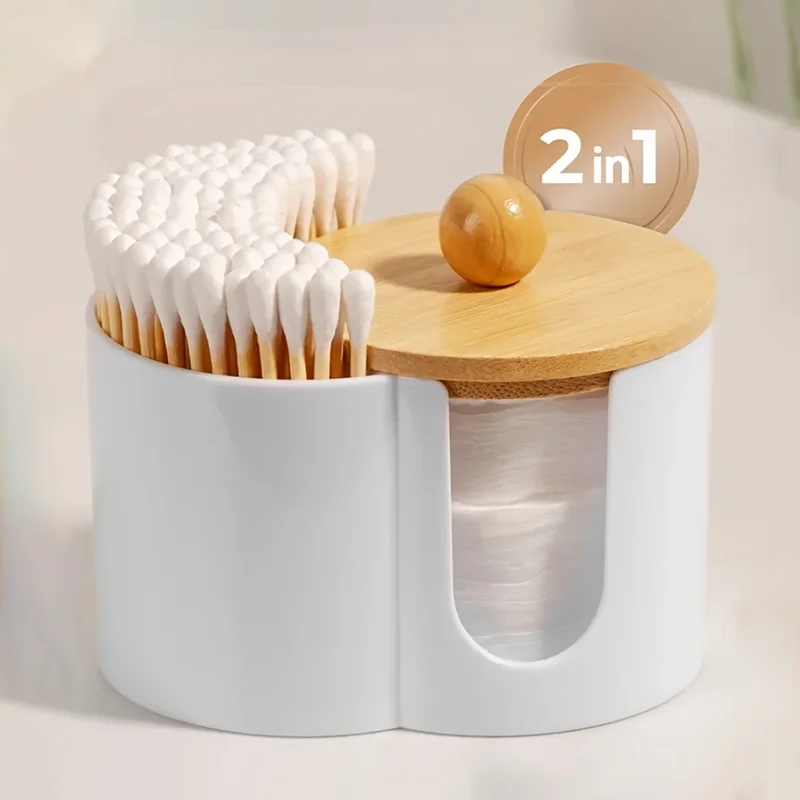Caja de almacenamiento de bastoncillos y almohadillas de algodón PS montada en escritorio con tapa - Contenedor de plástico a prueba de polvo para cosméticos y esponjas en polvo