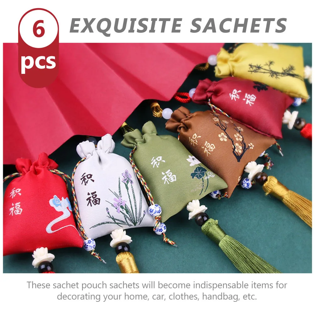 

6pcs Empty Embroidered Tassel Sachet Pendant Pouch Bag Car Hanging Decor For Home Clothing Fragrance Storage Silk Ceramic Air