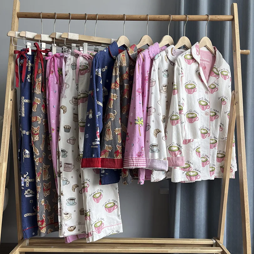 Female Comfy Cotton Pajamas Set Loungewear 2PCS Cartoon Long Sleeve Trouser Suits Nightwear Loose Pijamas Suit Lounge Wear PJS