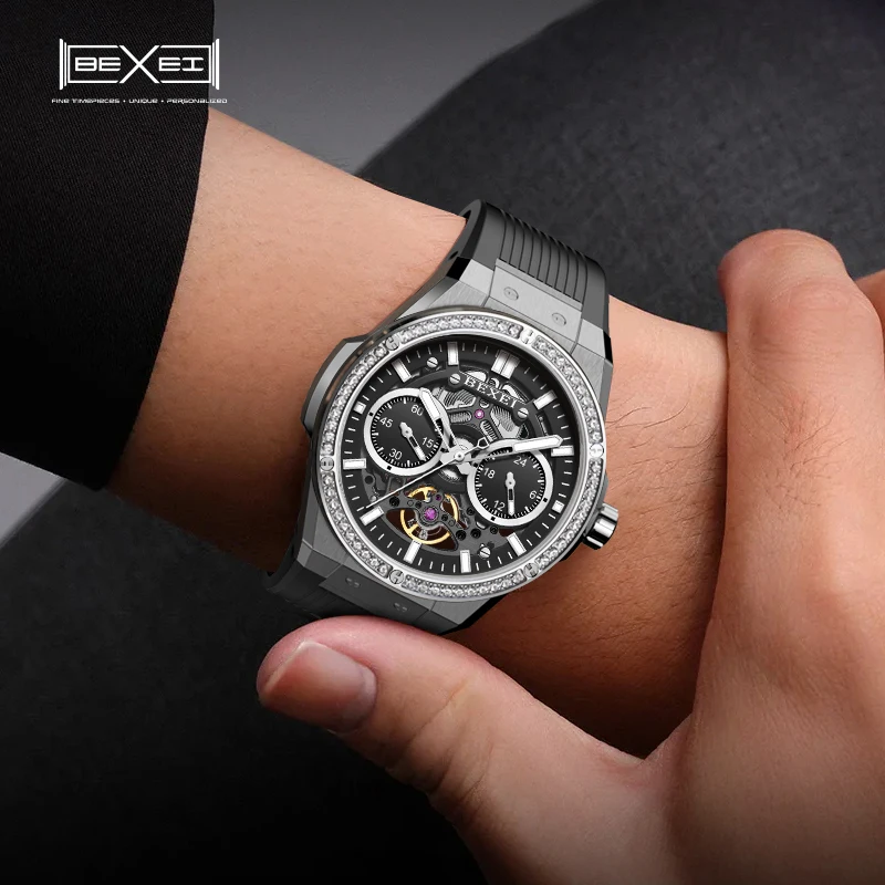 BEXEI 9129 watches for men Automatic movement Mechanical Watches 60 zircon inlays synthetic sapphire mirror Luminous waterproof