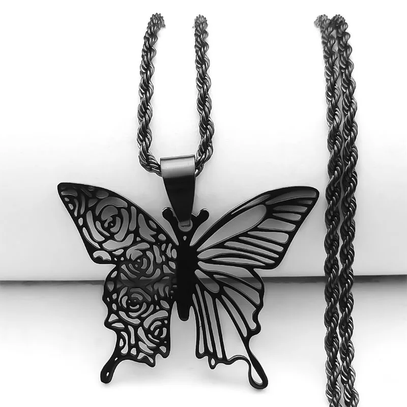 Gothic Schwarz Schmetterling Hohl Anhänger Halskette für Frauen Männer Edelstahl Carving Blume Rose Insekt Halsketten Schmuck N6121 – Detail 4