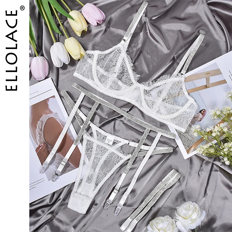 Ellolace strass Lingerie Sheer Lace Seamless Bra Kit Push Up Sissy Underwear trasparente intimo Luxury Exotic Sets