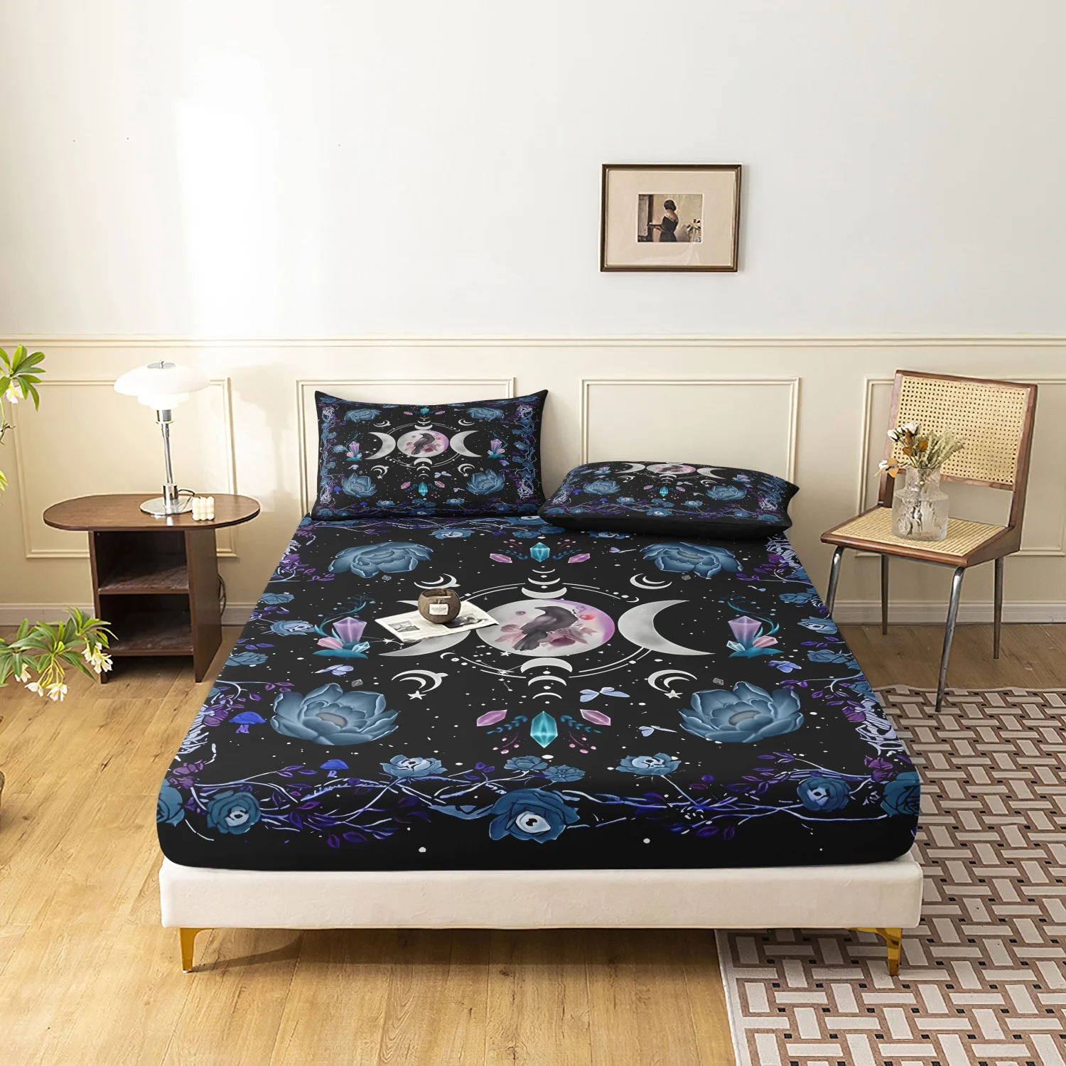 3pcs Moon Phase Crow Print Fitted Sheet Set, Dark Blue Rose Crystal Bedding,Room And Dormitories Mattress Protector