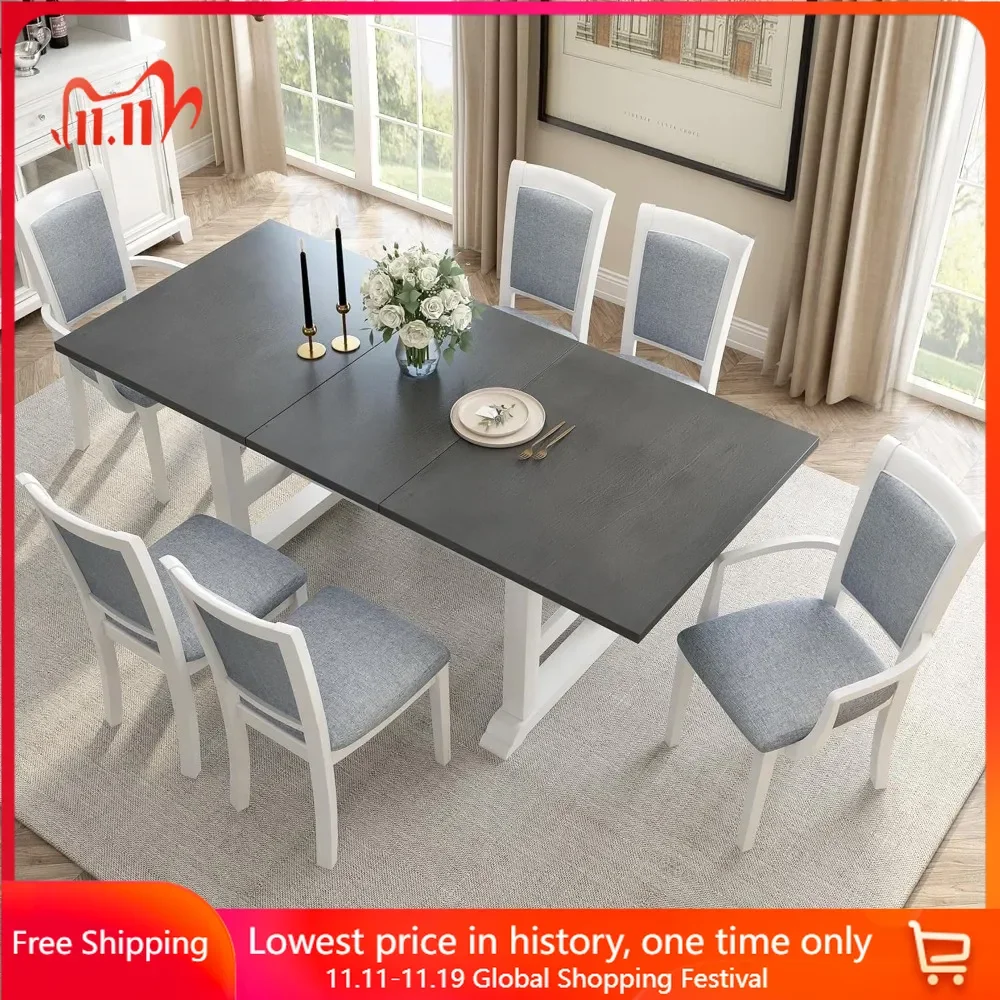 7-Piece Dining Table Set, 76.9inch Extendable Trestle Tables, Tables with Upholstered Side Chair and Armchair, Dining Table Set