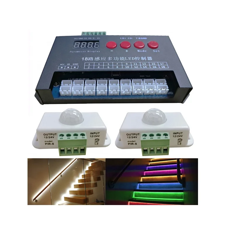 

18 Channel Human Body Induction Staircase Light Strip Kit 24V Stepper Light Strip Controller Indoor Running Light Bar Controller