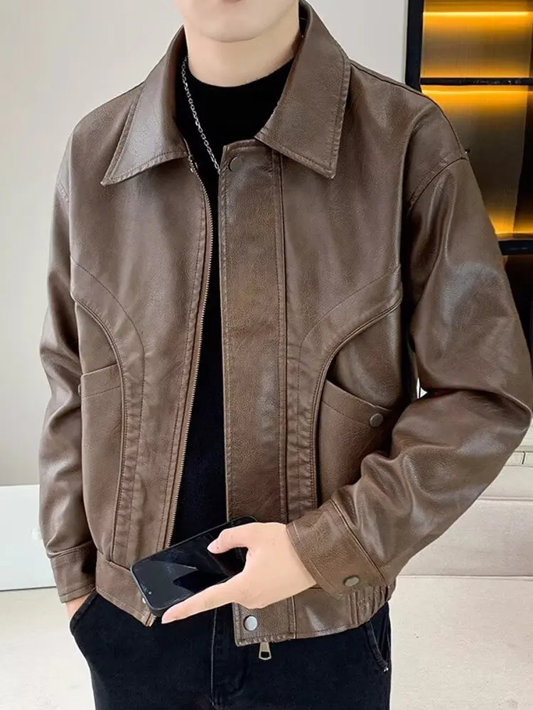 

High-End American Retro Motorcycle PU Leather Jaet Men's Loose Cool Flight Bla Jaet Coat Autumn New Sle Long Sve Z...